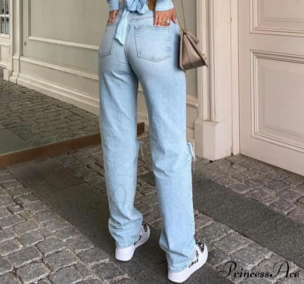 Womens Jeans Blue Cotton Trousers Baggy Wide High Leg Ripped Denim Wash Warm-Season Casual Waist Pants - Image 8