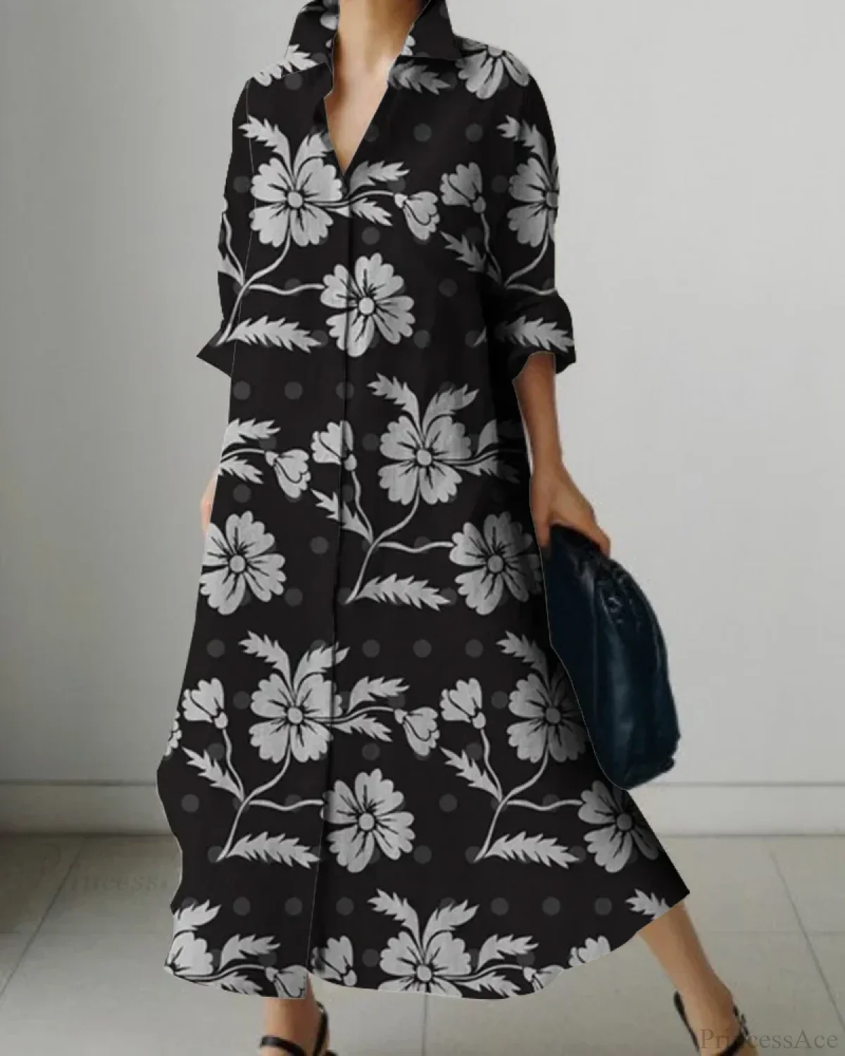 Women's Lapel Long Sleeve Floral Print Shirt Dress - Image 2
