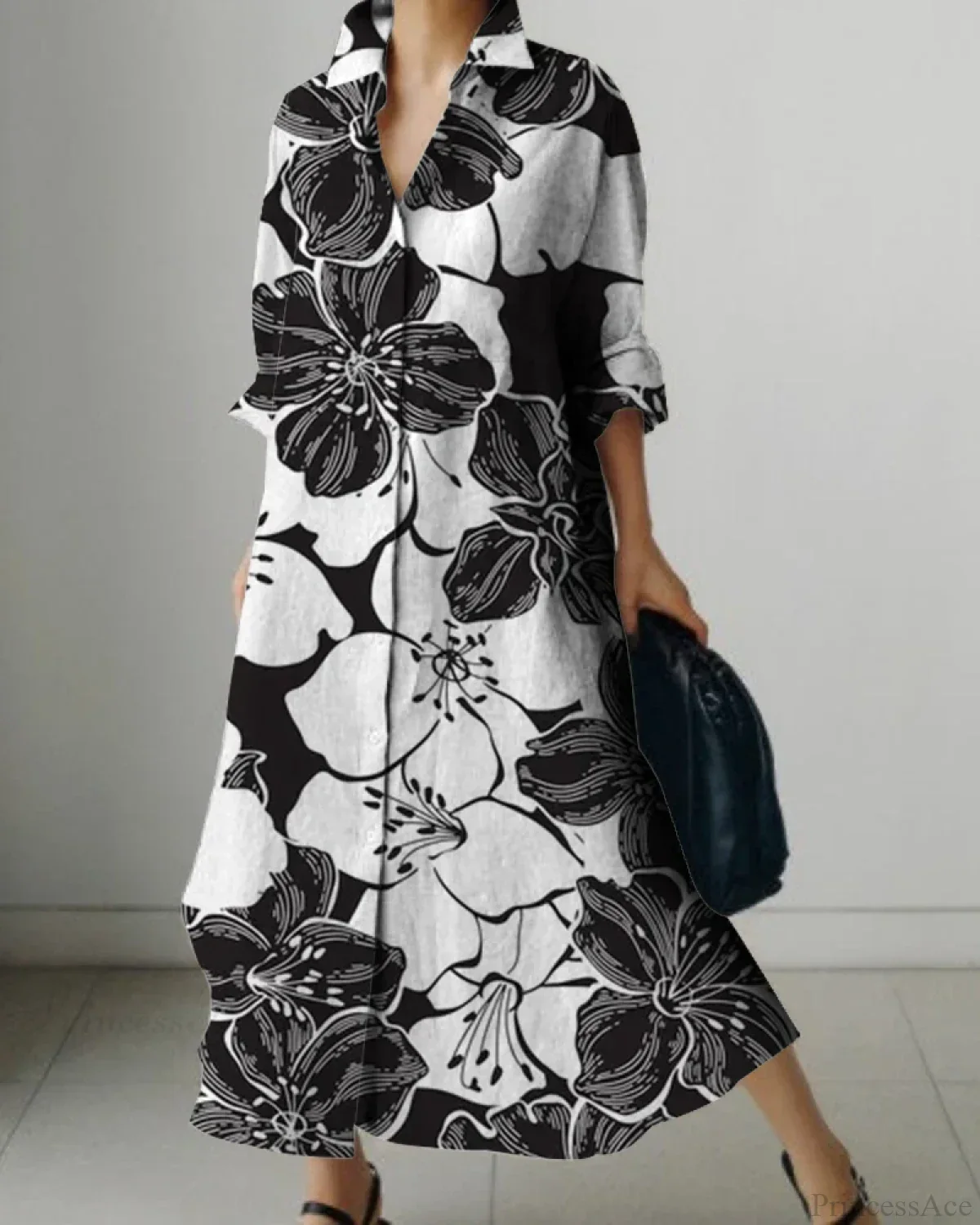 Women's Lapel Long Sleeve Floral Print Shirt Dress - Image 4