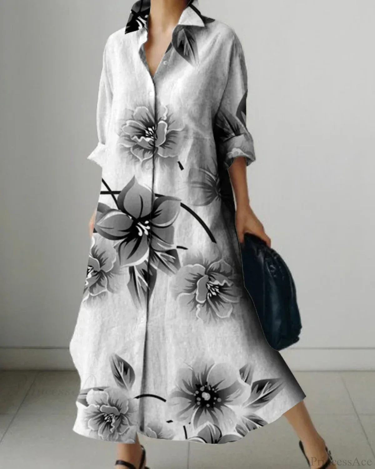 Women's Lapel Long Sleeve Floral Print Shirt Dress - Image 7