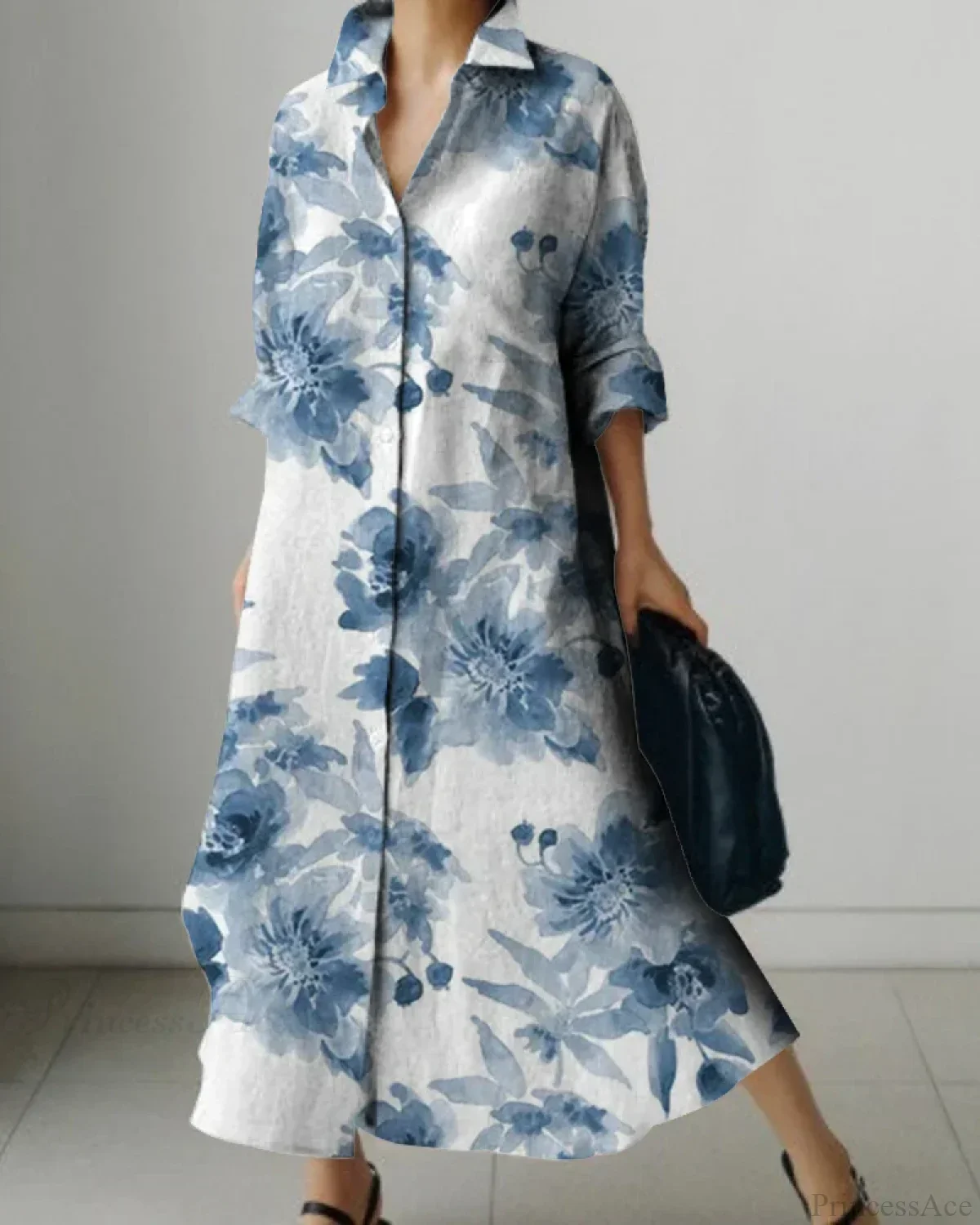 Women's Lapel Long Sleeve Floral Print Shirt Dress - Image 9