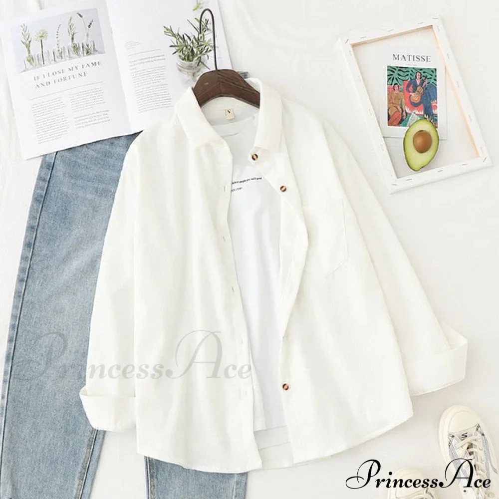 Women's Long Up White Arm Corduroy Tunic Button - Blouse Top - Image 3
