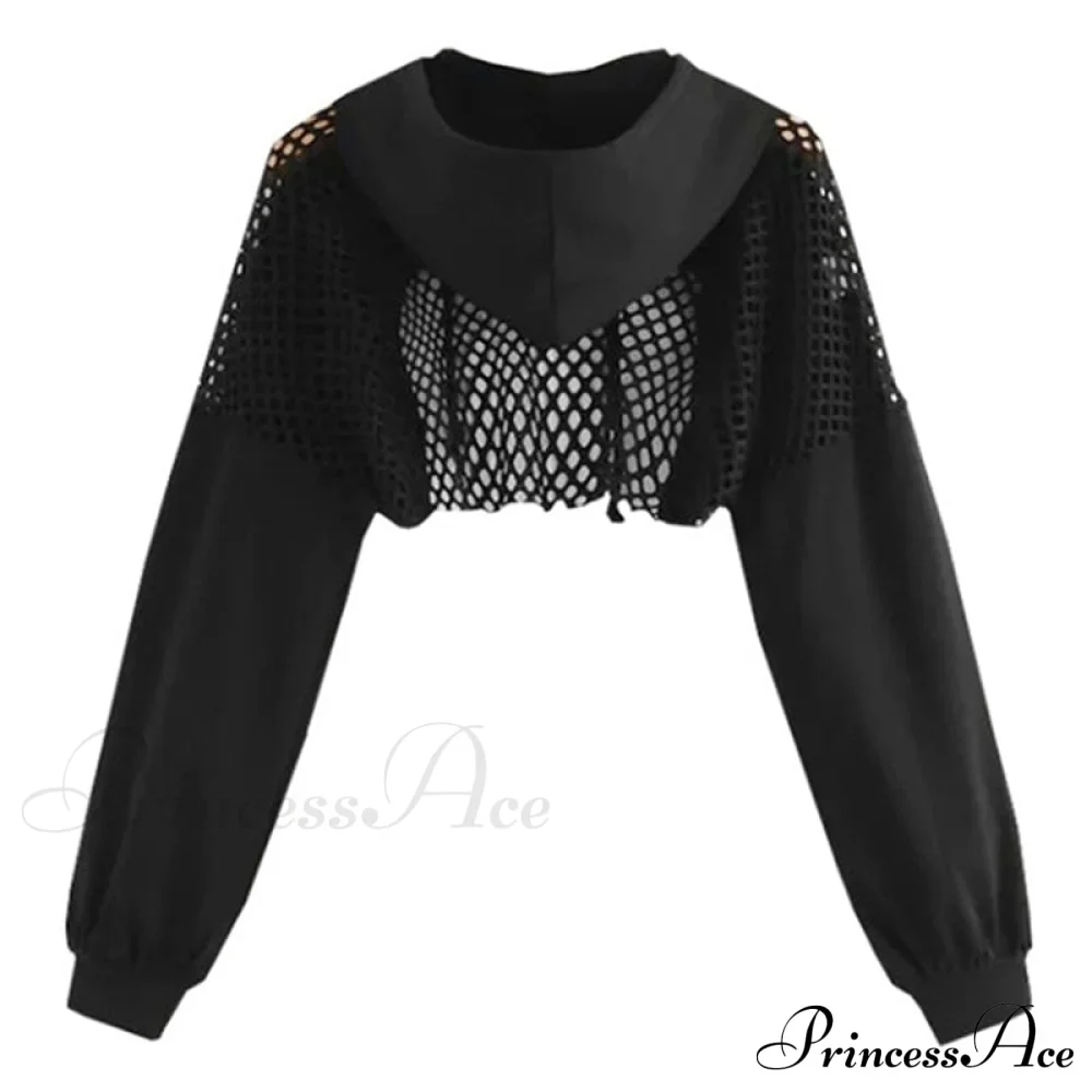 Women's Mesh with Out Hoodie Black Crop Top Hollow Patchwork - Image 2
