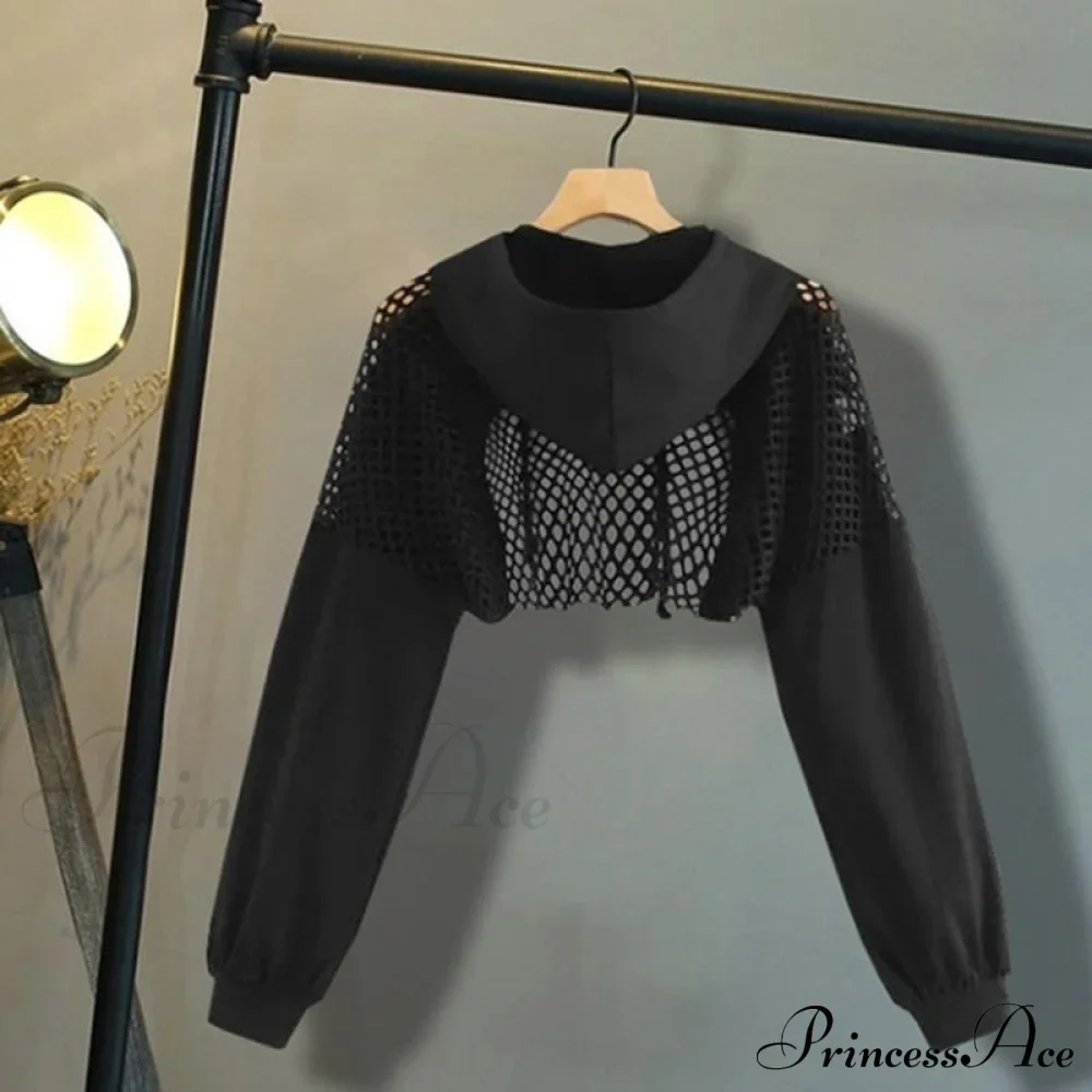 Women's Mesh with Out Hoodie Black Crop Top Hollow Patchwork - Image 3