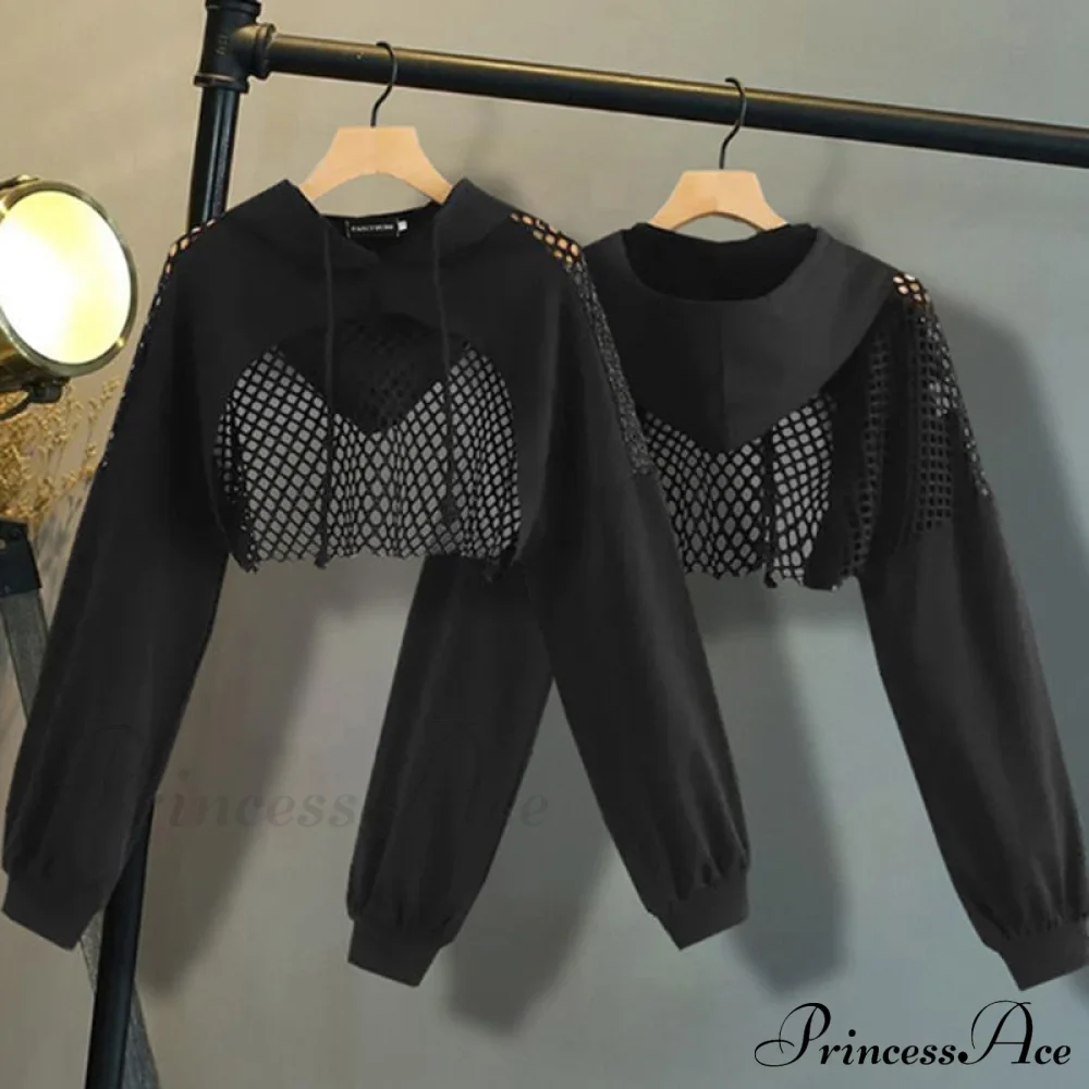 Women's Mesh with Out Hoodie Black Crop Top Hollow Patchwork - Image 4