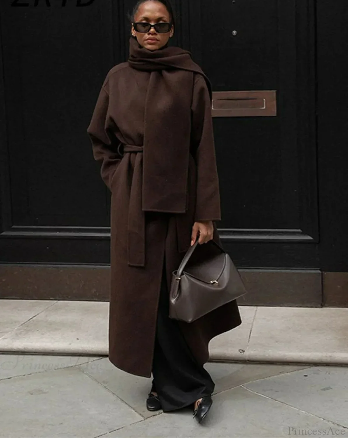 Women's Scarf Collar Woolen Belted Overcoat - Image 2