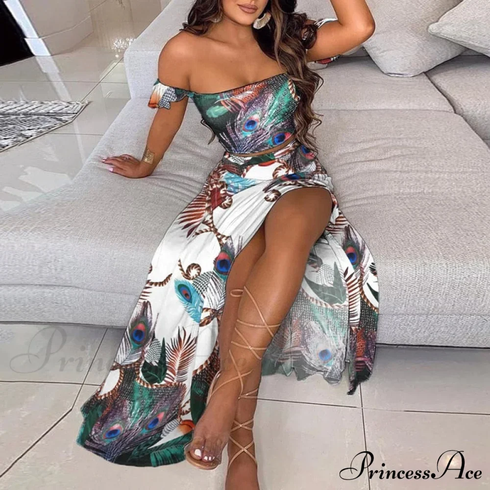 Women's Slash and - Long Warm-Season Top Slit Piece Spring with Shoulder Neck Set Two Off Flowered Party Gown Design Skirts