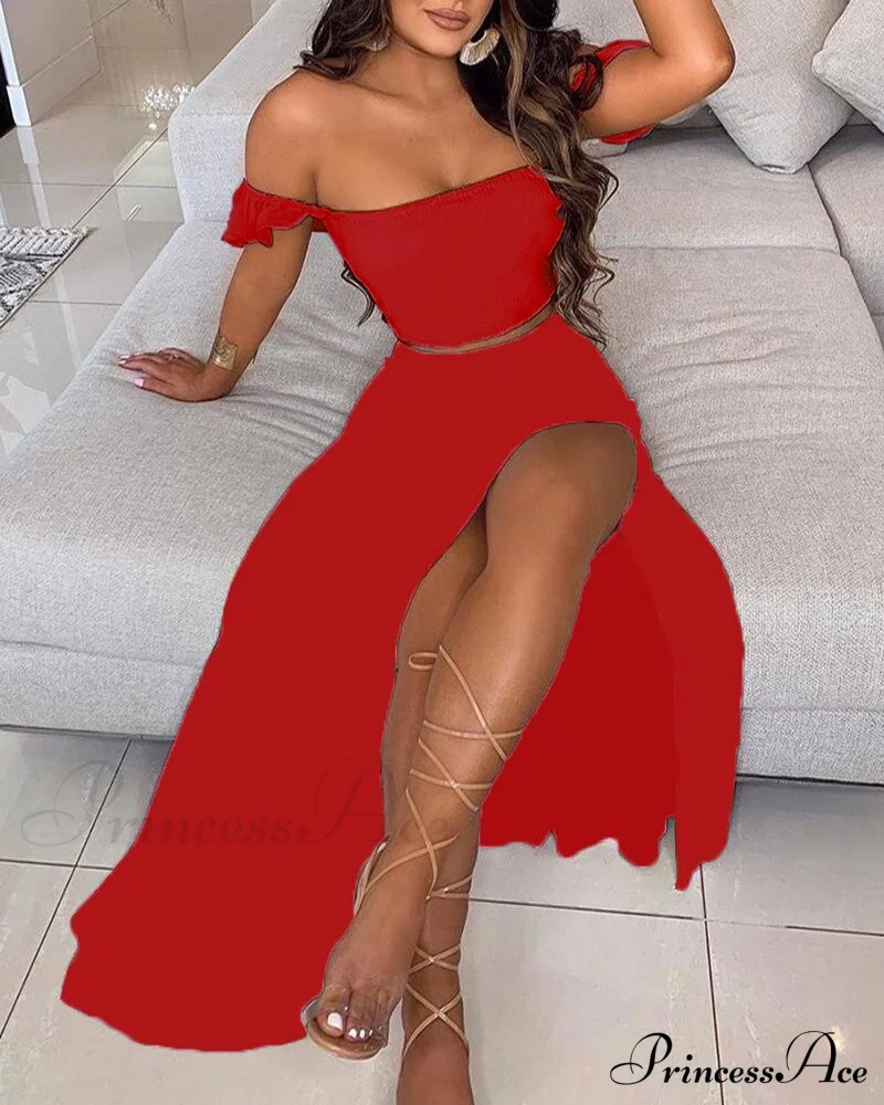 Women's Slash and - Long Warm-Season Top Slit Piece Spring with Shoulder Neck Set Two Off Flowered Party Gown Design Skirts - Image 16