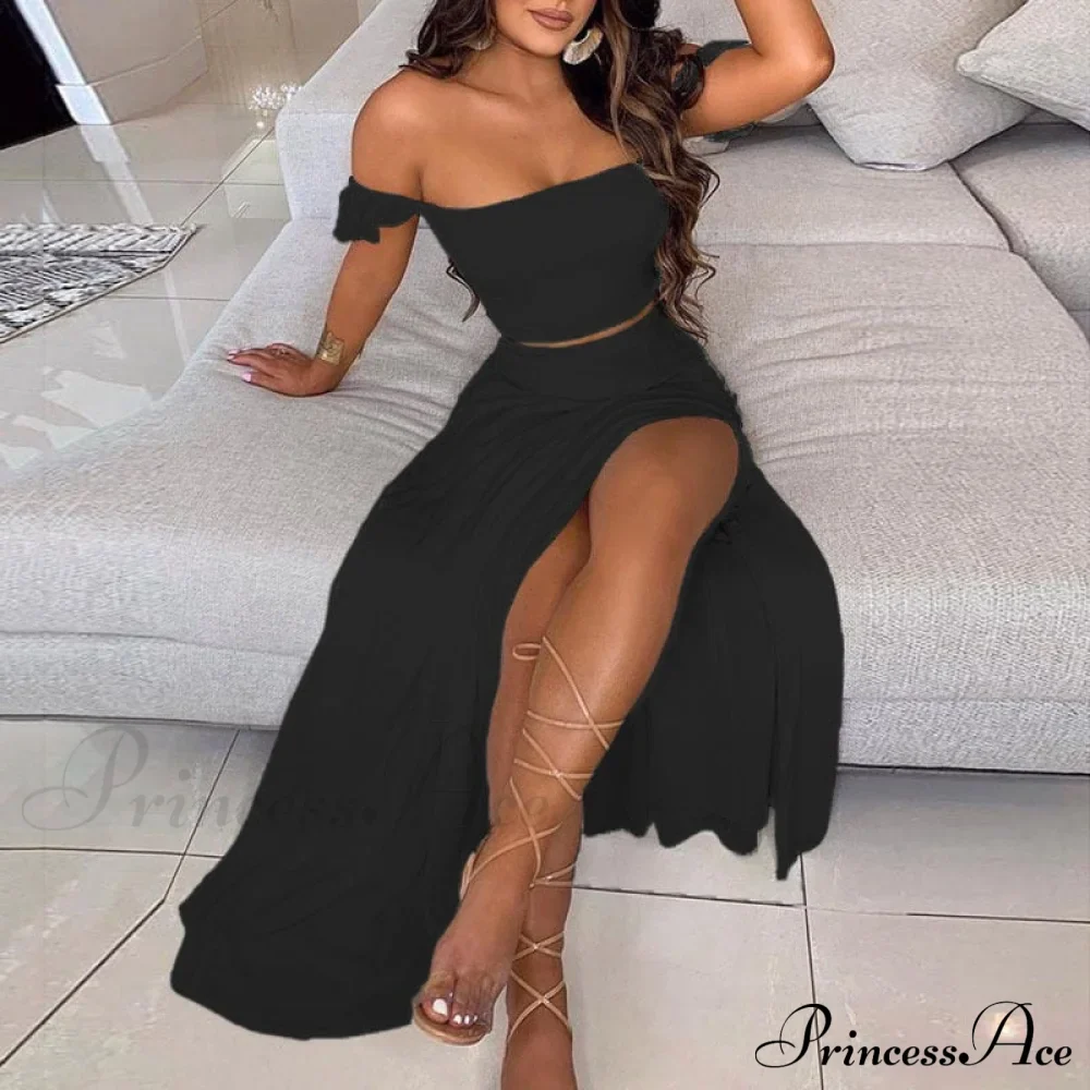 Women's Slash and - Long Warm-Season Top Slit Piece Spring with Shoulder Neck Set Two Off Flowered Party Gown Design Skirts - Image 17