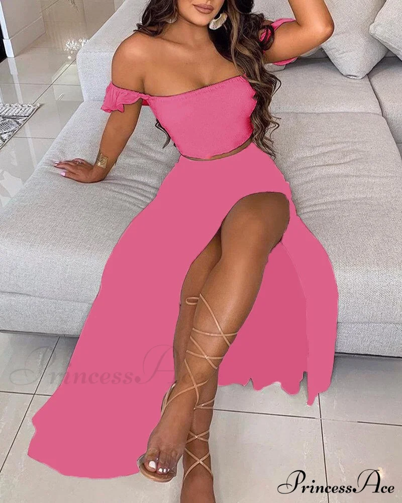 Women's Slash and - Long Warm-Season Top Slit Piece Spring with Shoulder Neck Set Two Off Flowered Party Gown Design Skirts - Image 20