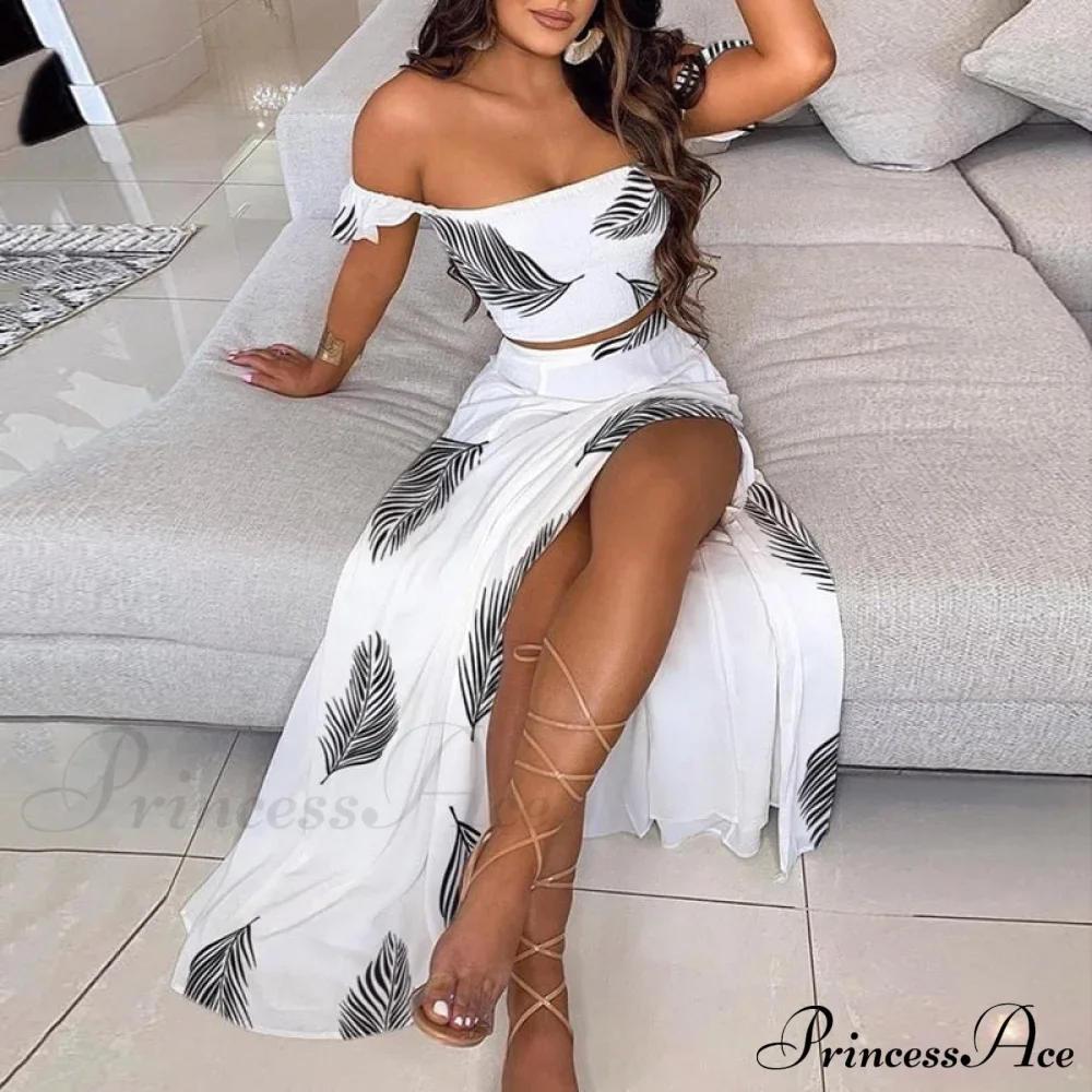 Women's Slash and - Long Warm-Season Top Slit Piece Spring with Shoulder Neck Set Two Off Flowered Party Gown Design Skirts - Image 6