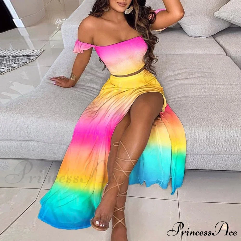 Women's Slash and - Long Warm-Season Top Slit Piece Spring with Shoulder Neck Set Two Off Flowered Party Gown Design Skirts - Image 8