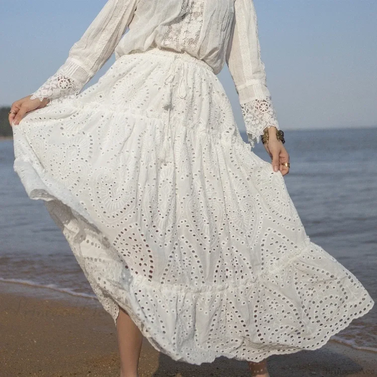 Women's Summer Cotton Full Lace Midi Skirt A-line Boho Vacation - Image 2