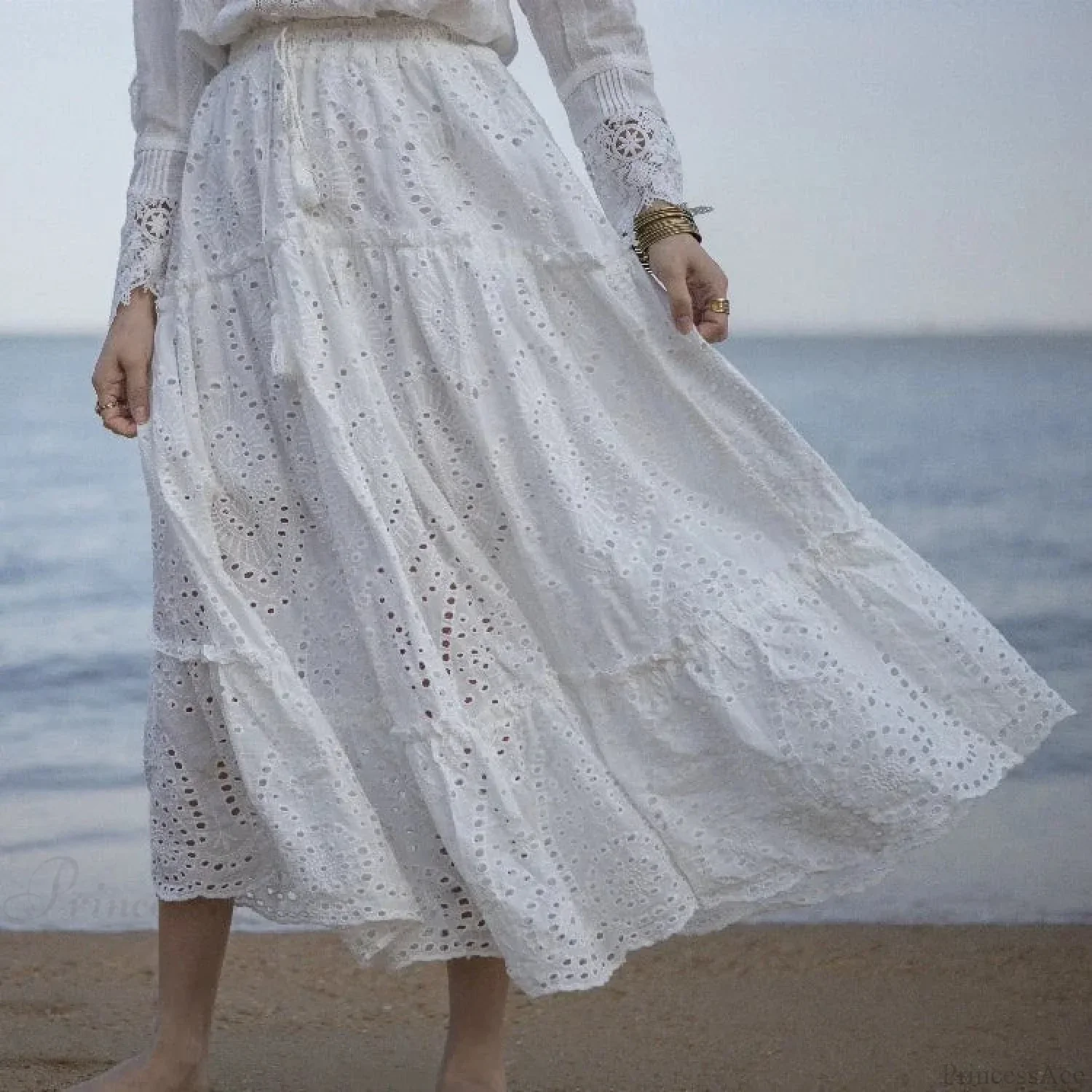 Women's Summer Cotton Full Lace Midi Skirt A-line Boho Vacation - Image 3