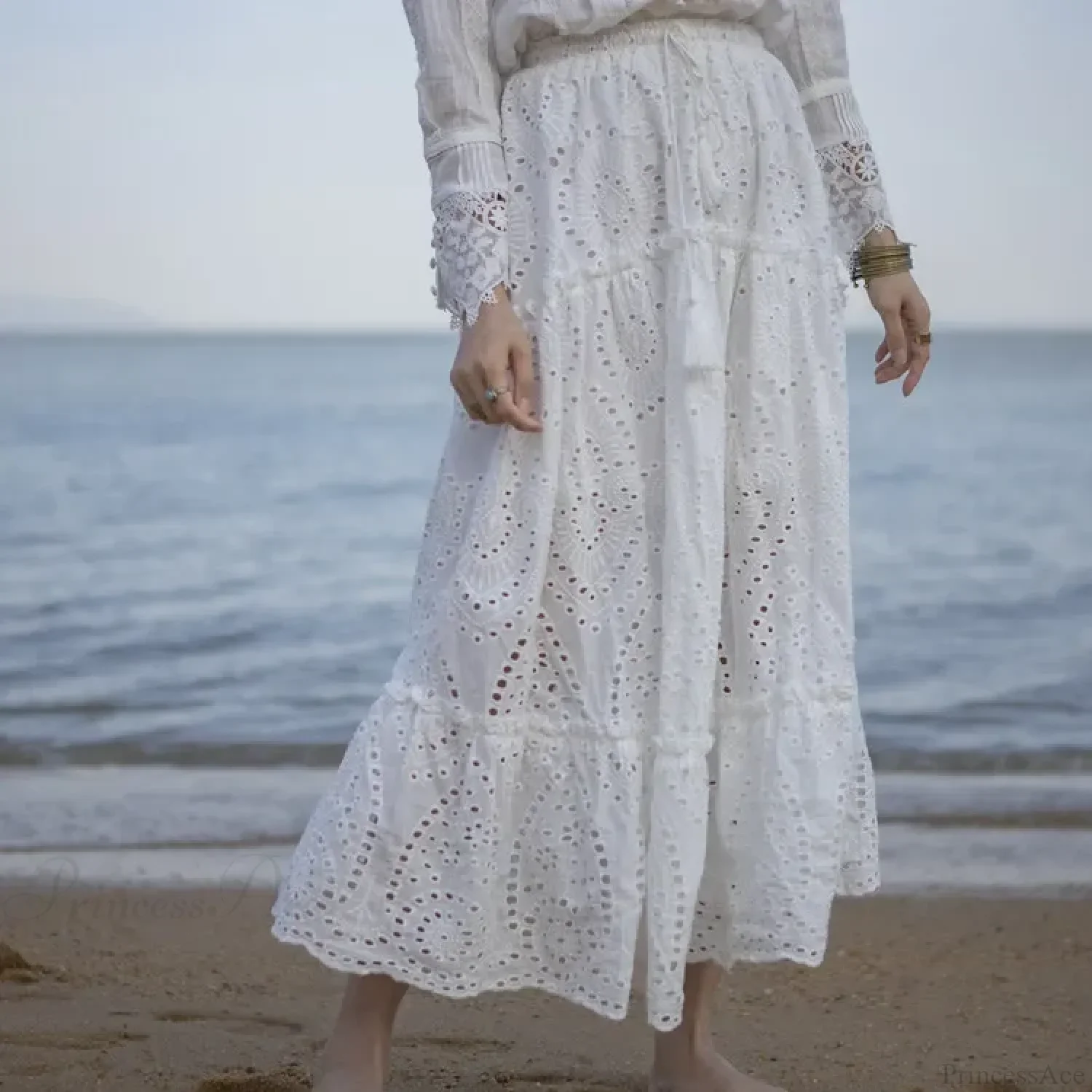 Women's Summer Cotton Full Lace Midi Skirt A-line Boho Vacation - Image 4