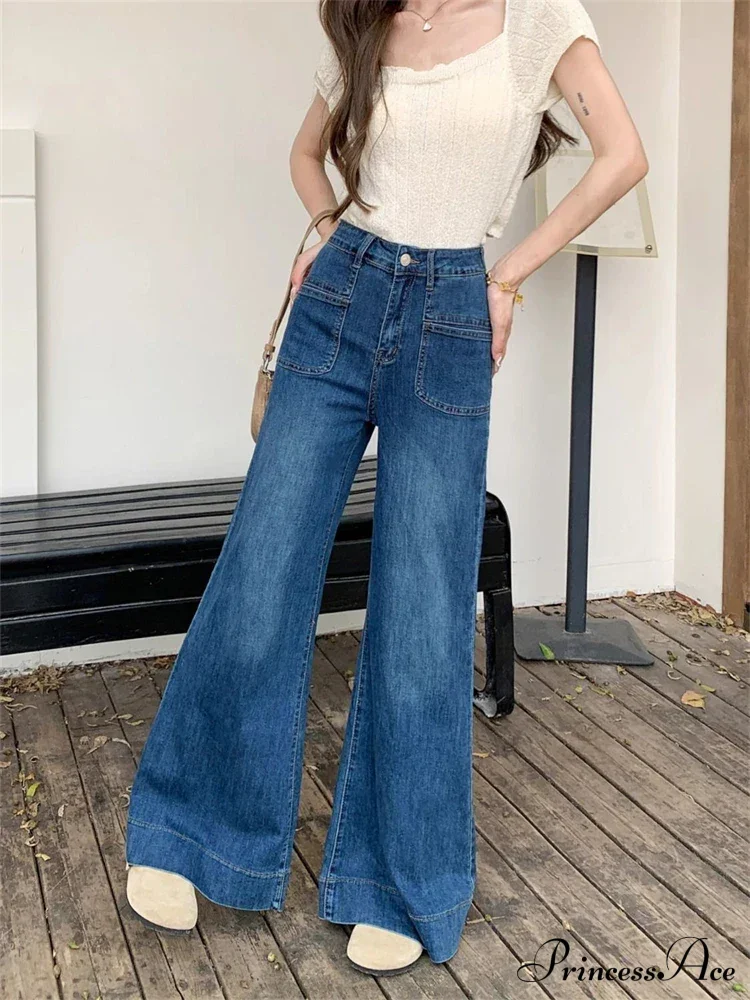 Women's Vintage Style Micro Flared Street Girl Bottoms High Waisted Pant Female Fashion Blue Denim Wide Leg Jeans - Image 3
