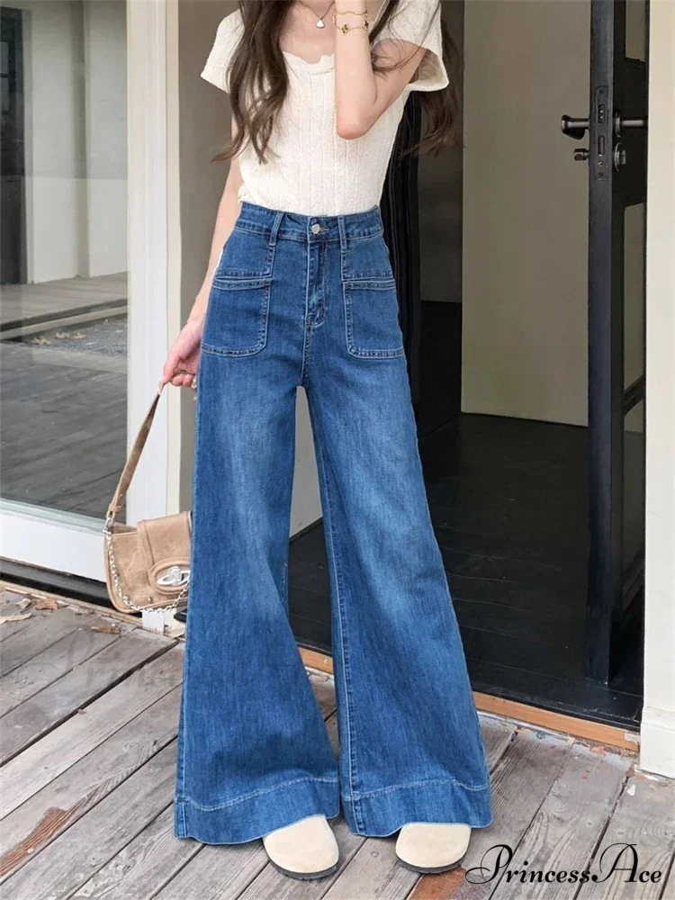 Women's Vintage Style Micro Flared Street Girl Bottoms High Waisted Pant Female Fashion Blue Denim Wide Leg Jeans - Image 4