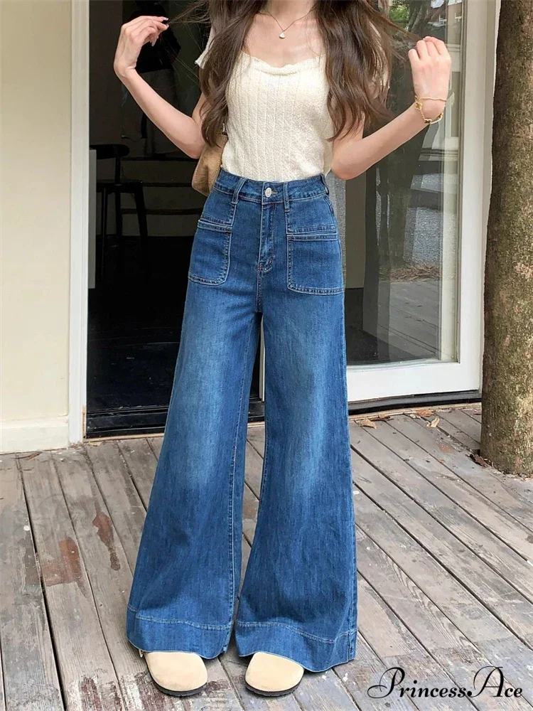 Women's Vintage Style Micro Flared Street Girl Bottoms High Waisted Pant Female Fashion Blue Denim Wide Leg Jeans - Image 5