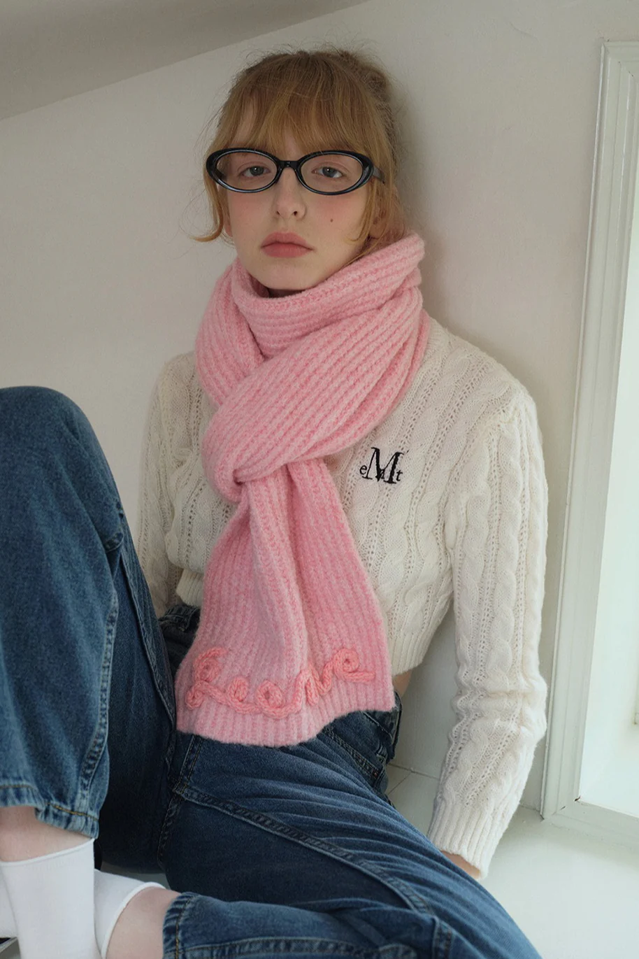 Wool Blend 3D Hand-Crocheted Letter Solid Scarf - Image 7