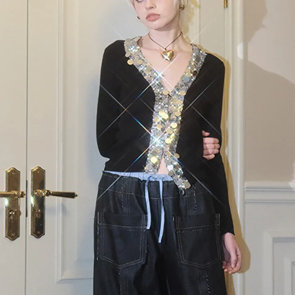 Wool Blend Colorful Sequin V-neck Cardigan - Image 3