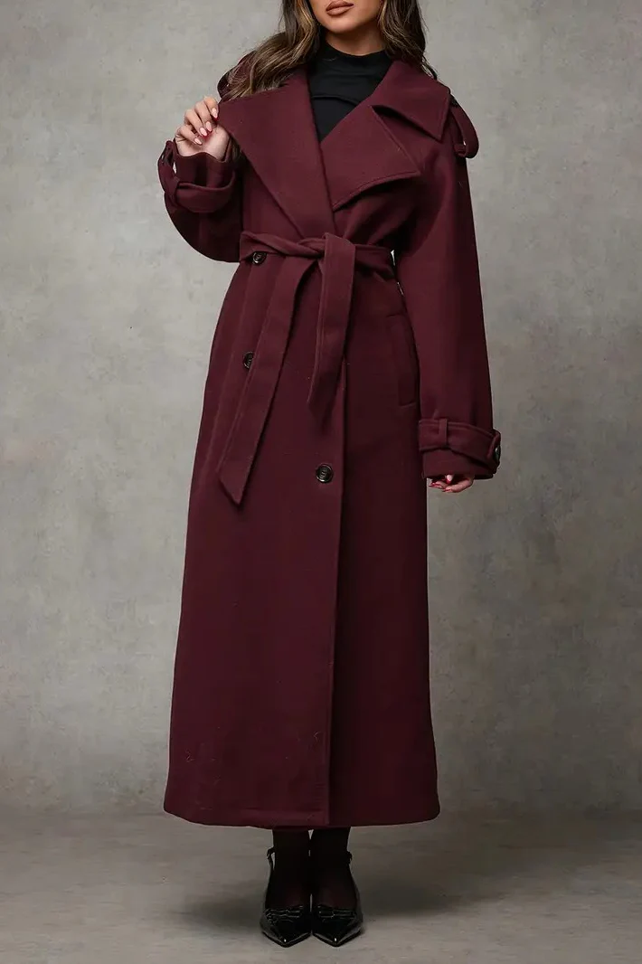 Wool Double Breasted Lapel Tie Long Overcoat