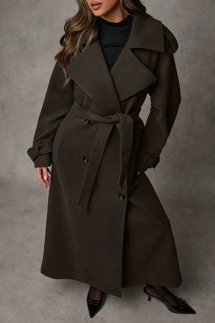Wool Double Breasted Lapel Tie Long Overcoat - Image 6