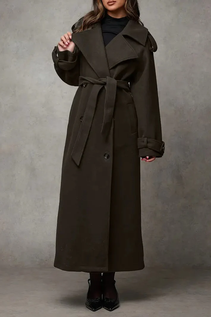 Wool Double Breasted Lapel Tie Long Overcoat - Image 7