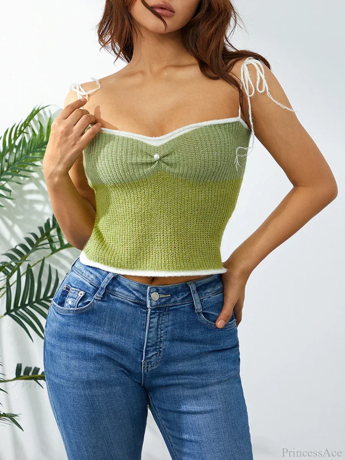 Wool Knitted Contrast Tie-up Spaghetti Strap 90s Crop Top - Image 2