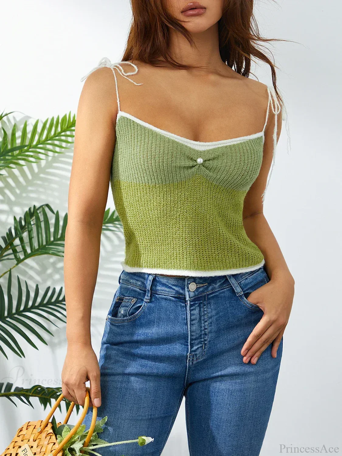 Wool Knitted Contrast Tie-up Spaghetti Strap 90s Crop Top - Image 4