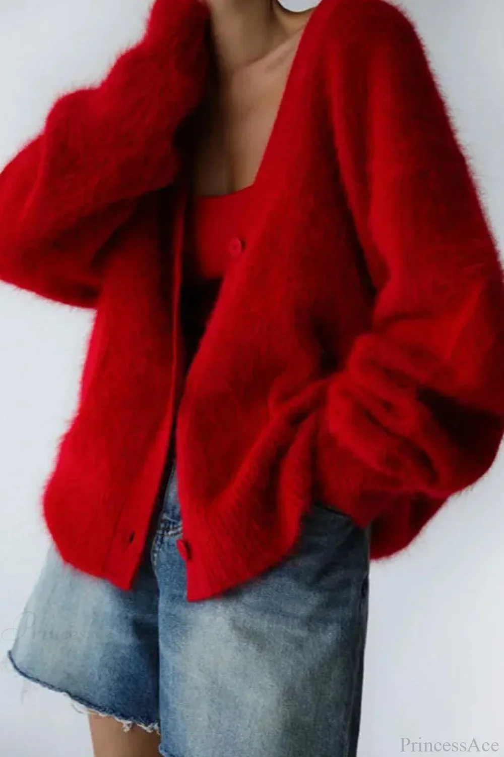 Wool Loose V-neck Long Sleeve Cardigan