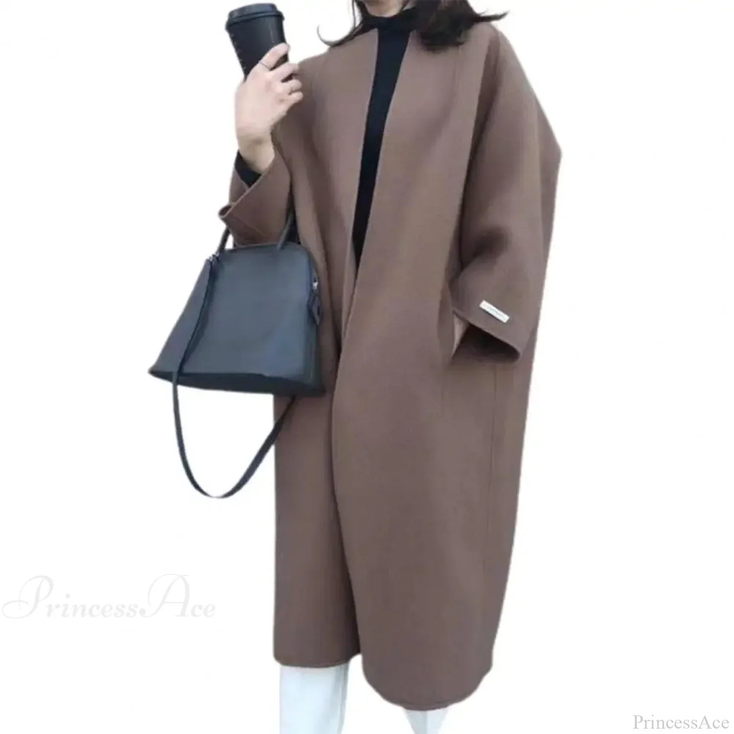 Woolen Cardigan Solid Color Long Overcoat - Image 4