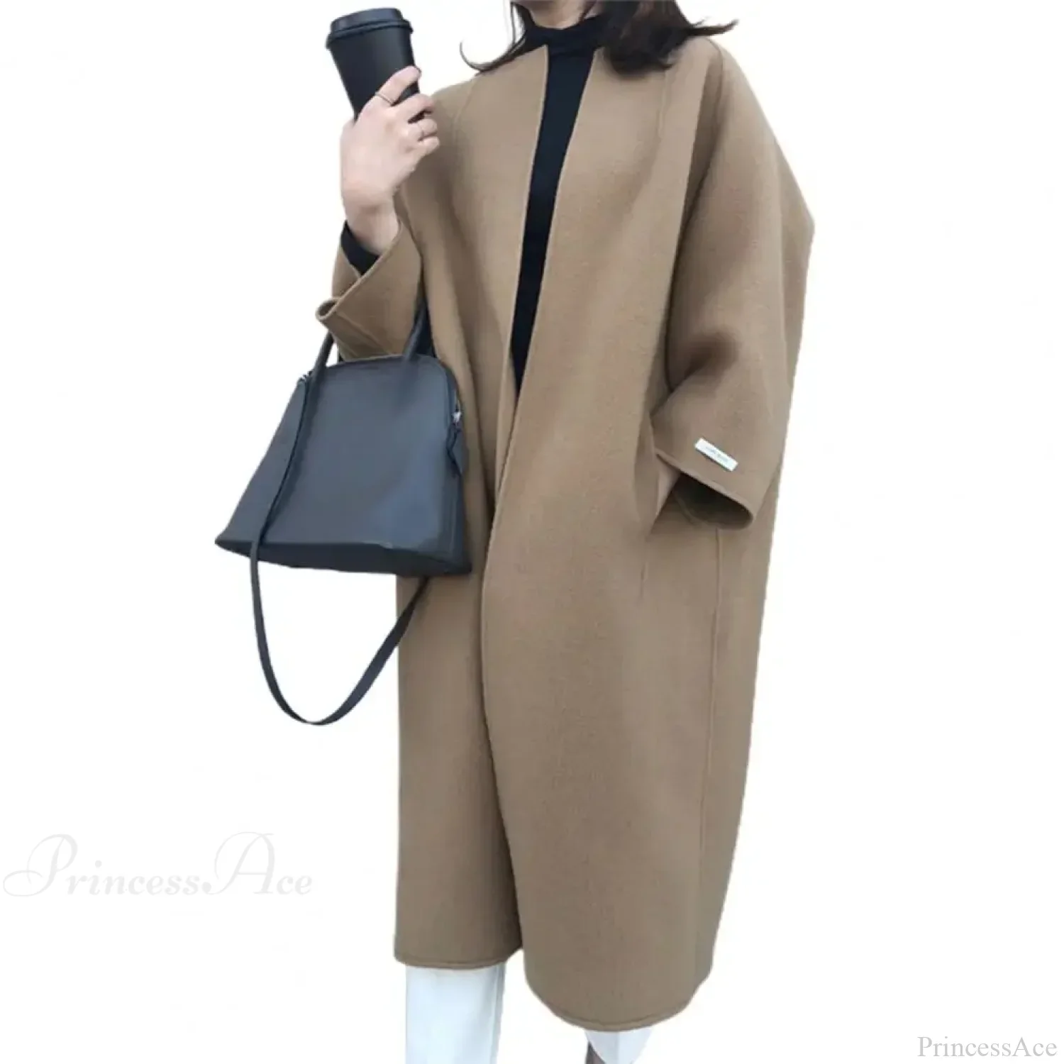 Woolen Cardigan Solid Color Long Overcoat - Image 5