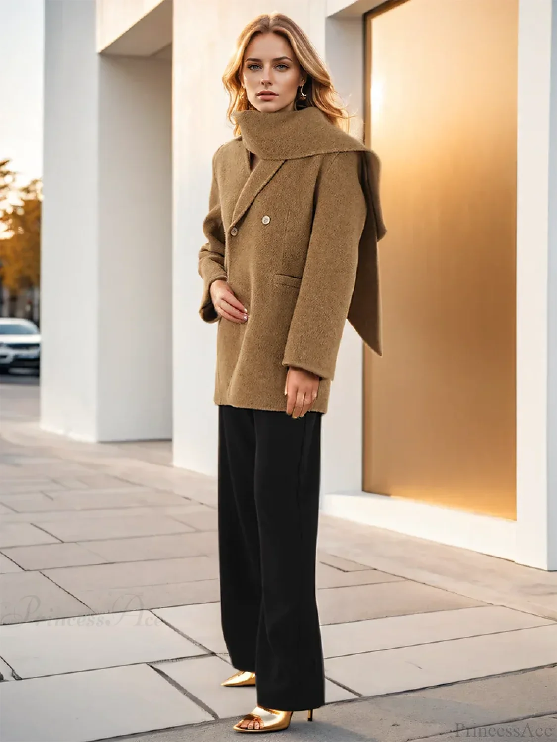 Woolen Scarf Collar Double-Breasted Overcoat - Image 2