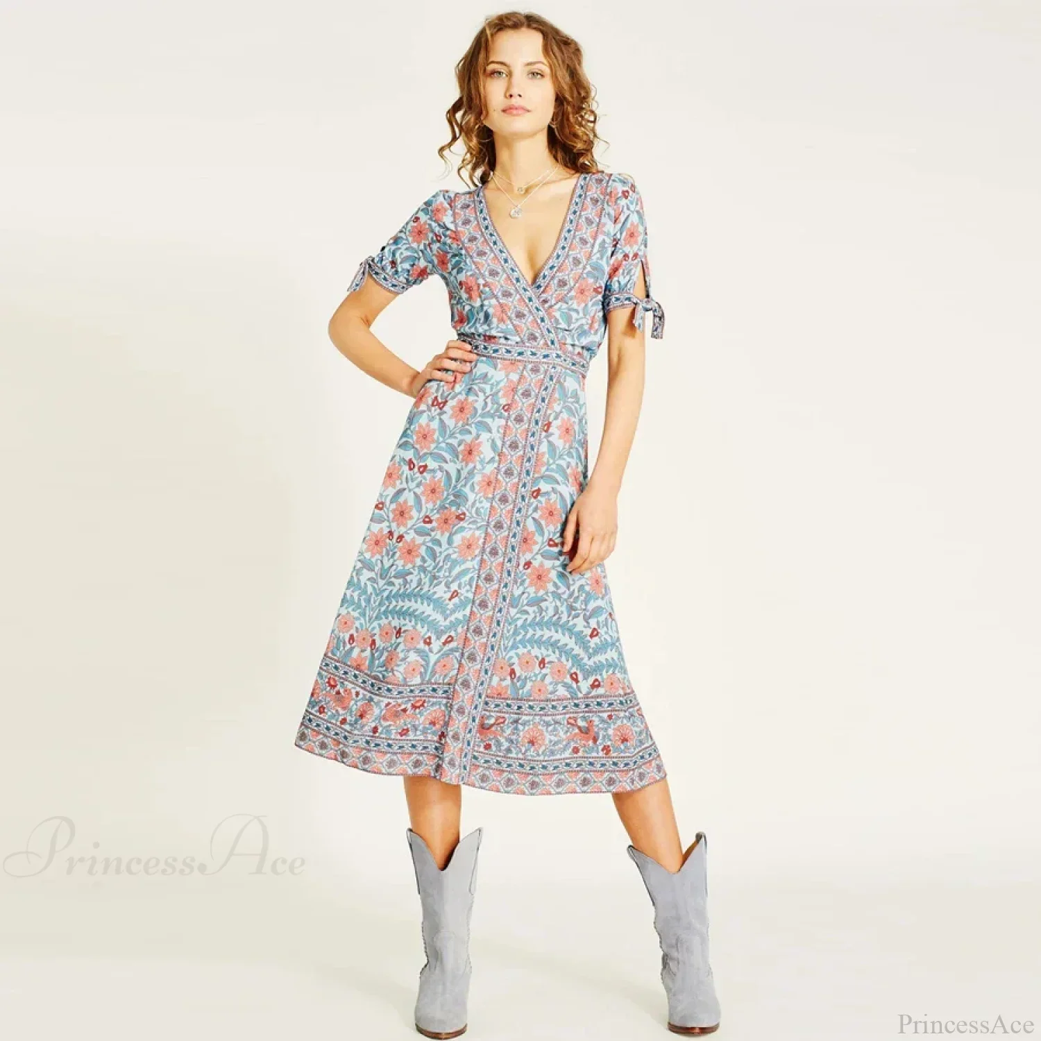 Wrap Marigold Floral Boho Dress - Image 6