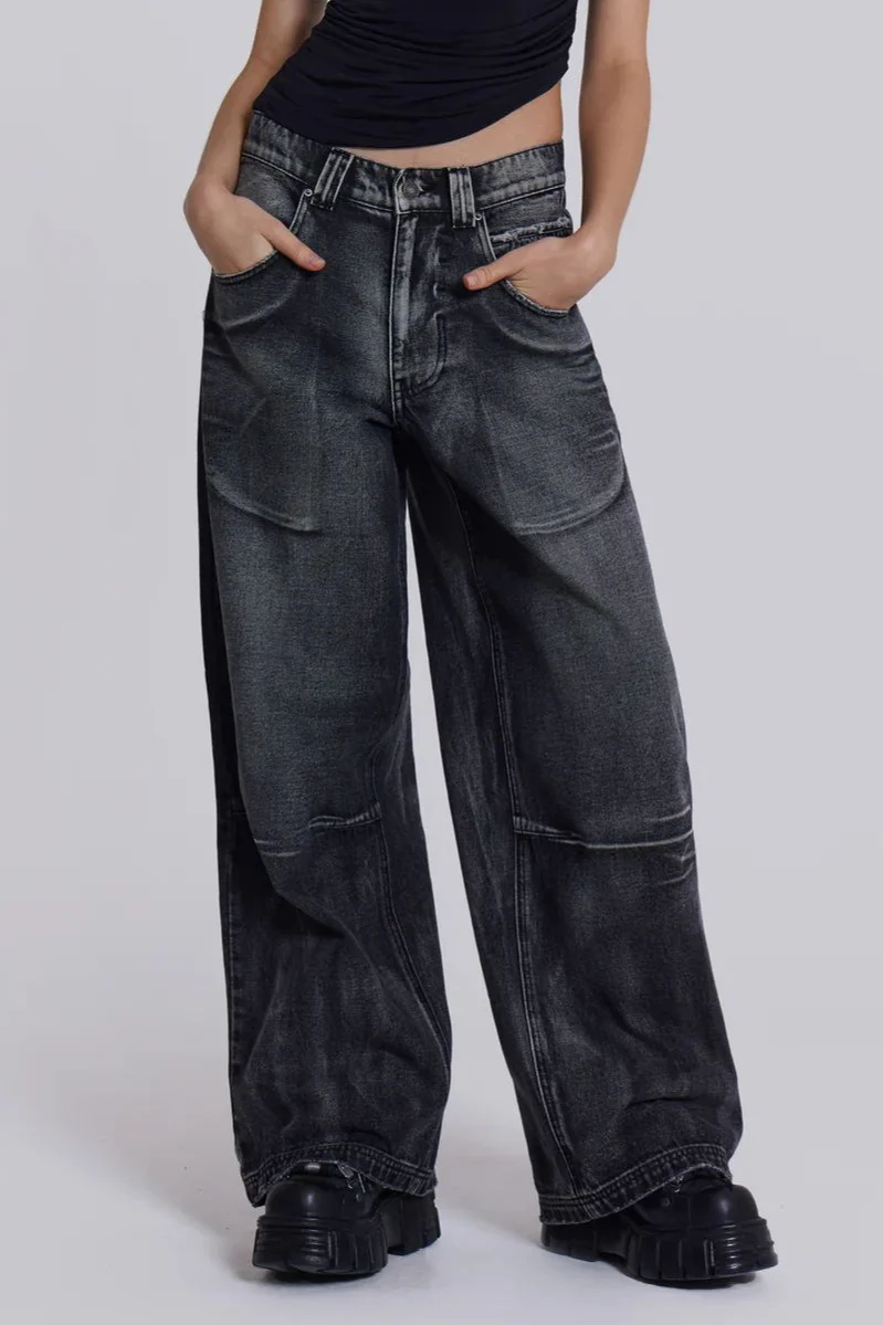 Y2K Angel Wing Print Washed Wide Leg Jeans