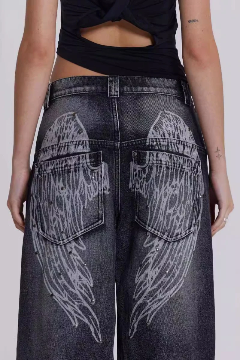 Y2K Angel Wing Print Washed Wide Leg Jeans - Image 3