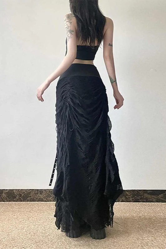 Y2K Goth Lace-Up Paneled Patchwork Maxi Skirt - Image 5