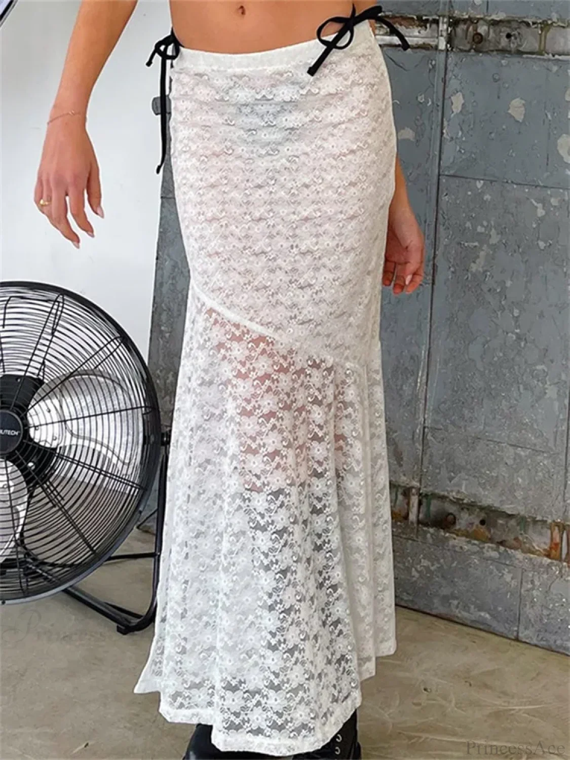 Y2K Grunge Lace Mesh See Through Bow Tie Long Skirt - Image 5