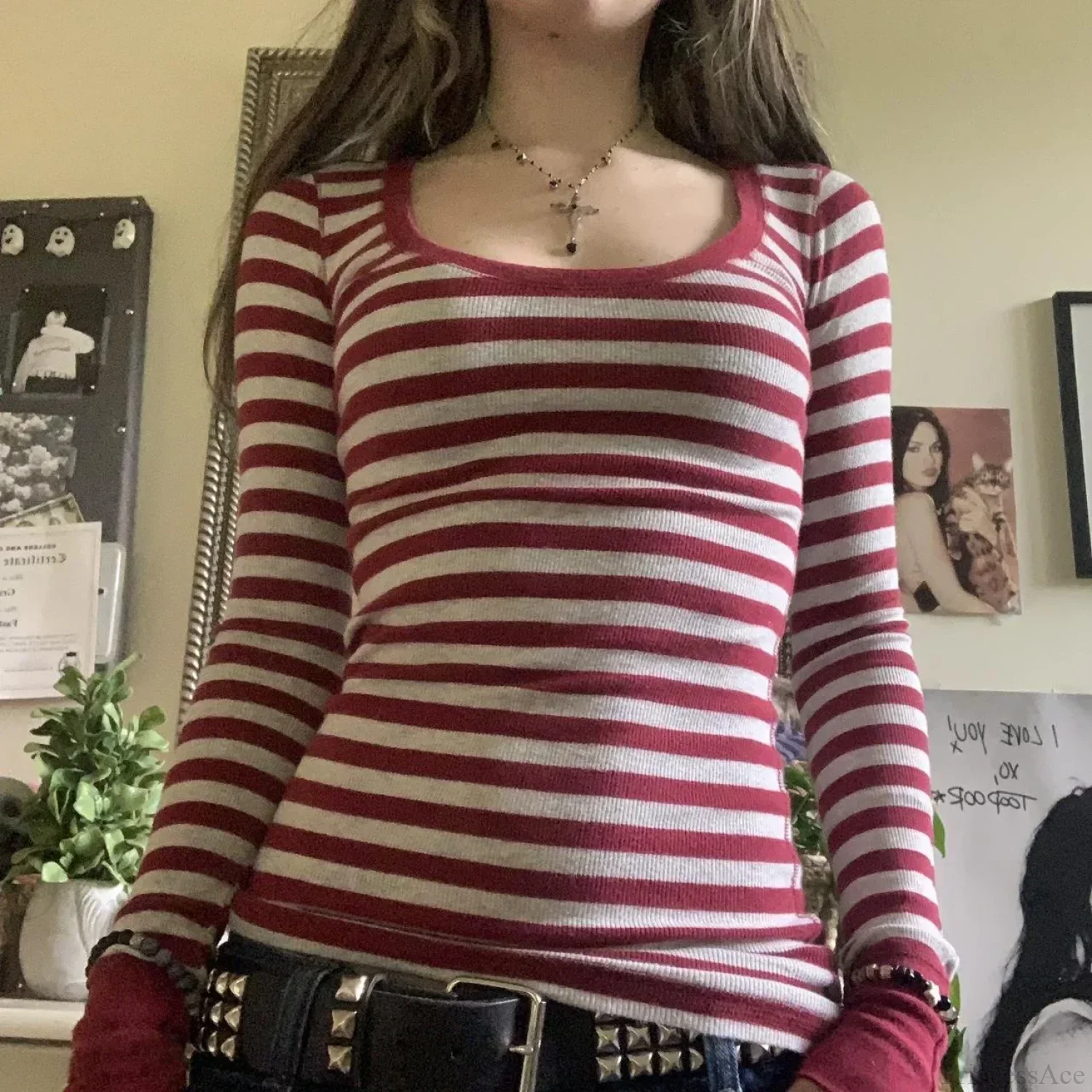 Y2K Grunge Striped Crew Neck Fall Slim Fit Knit Top - Image 4