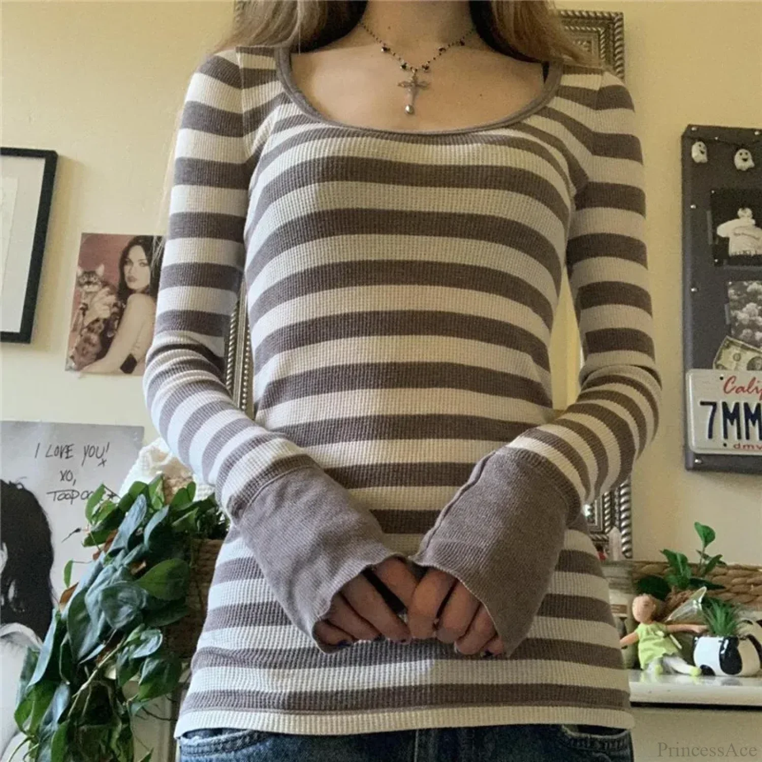 Y2K Grunge Striped Crew Neck Fall Slim Fit Knit Top - Image 7