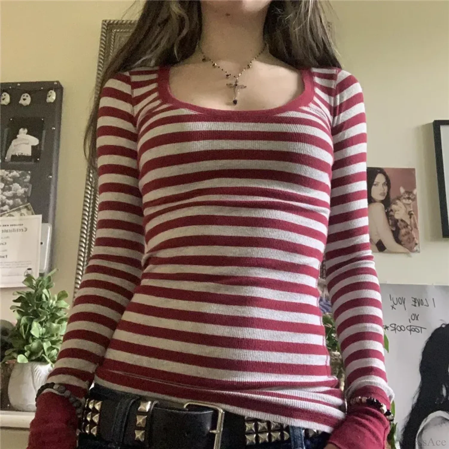 Y2K Grunge Striped Crew Neck Fall Slim Fit Knit Top - Image 8
