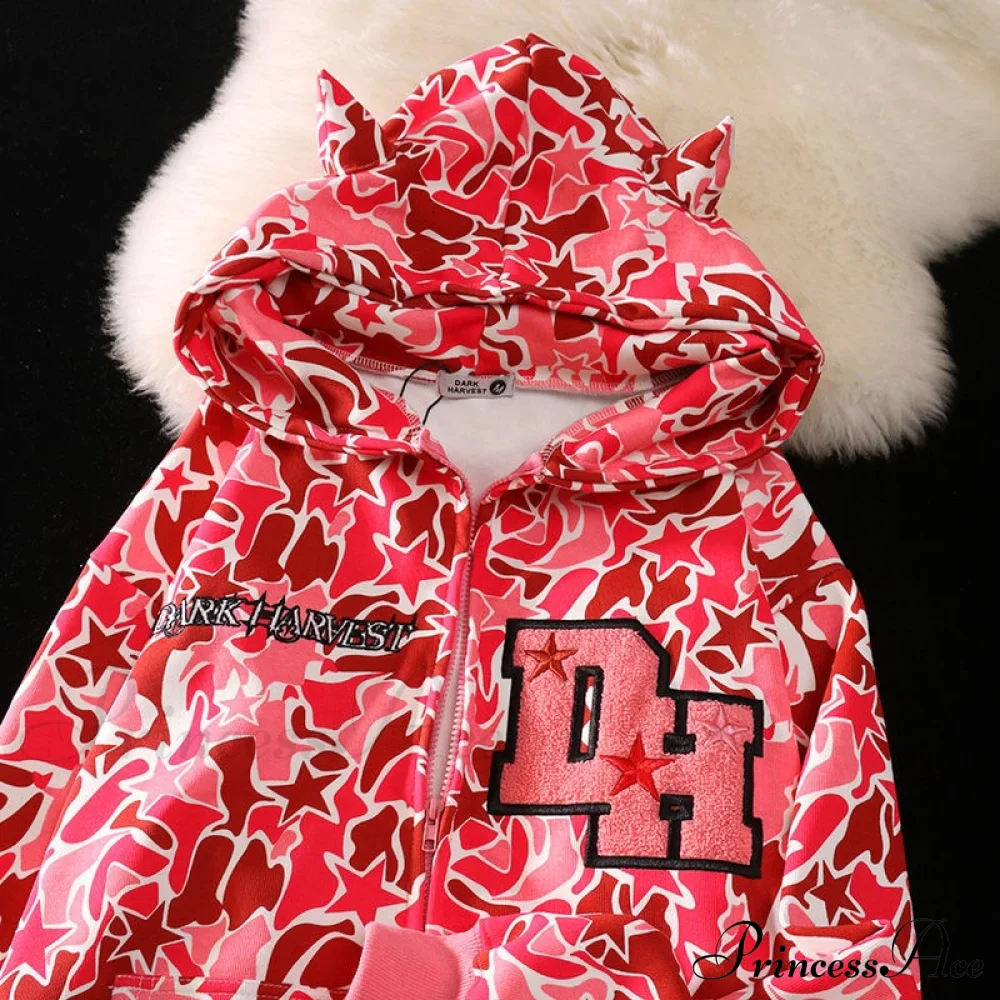 Y2k Hoodie Demon Streetwear Camouflage Up Embroidery Oversized Harajuku Zip Women - Image 6