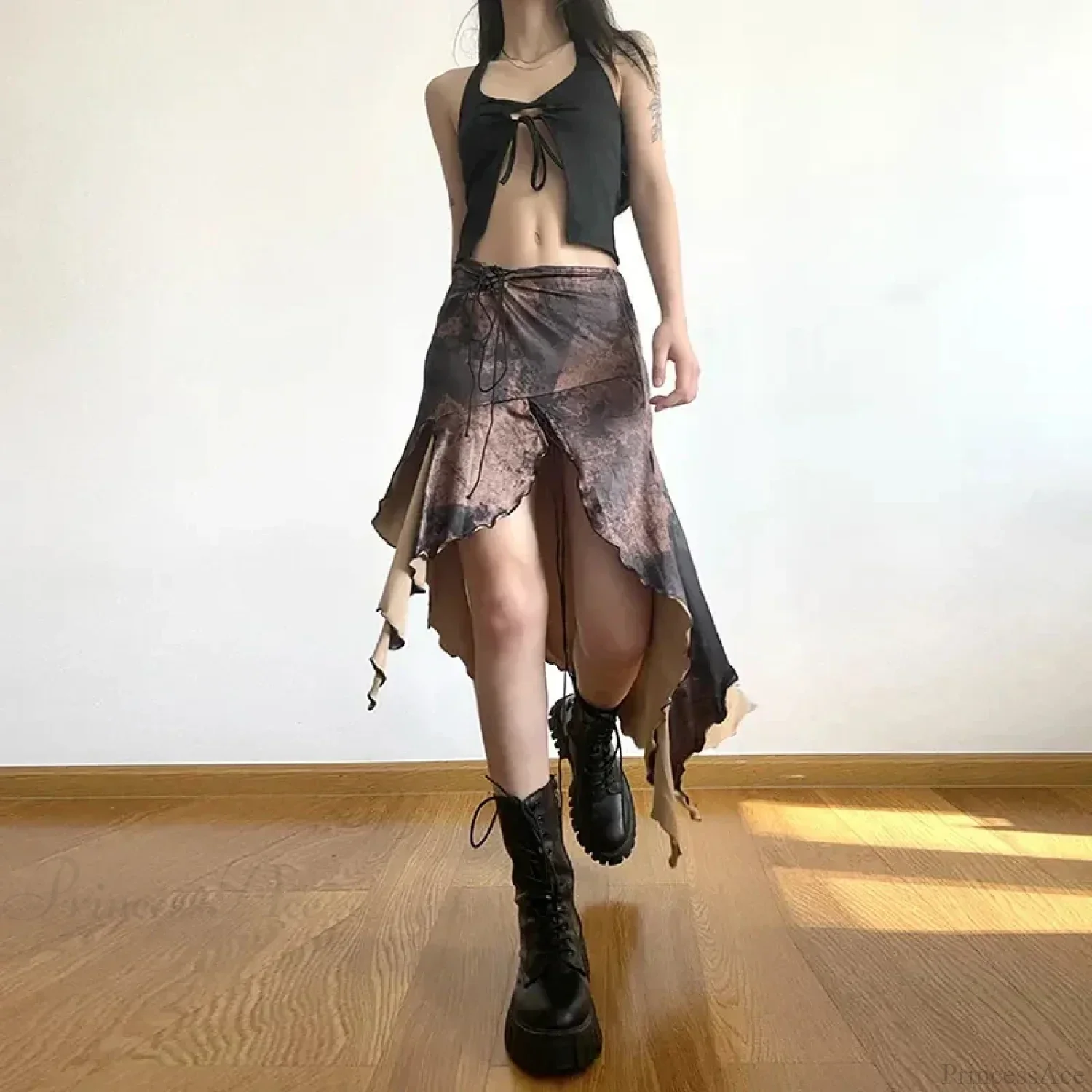 Y2K Irregular Midi Skirt Vintage Boho Ruffles Print Skirt - Image 2