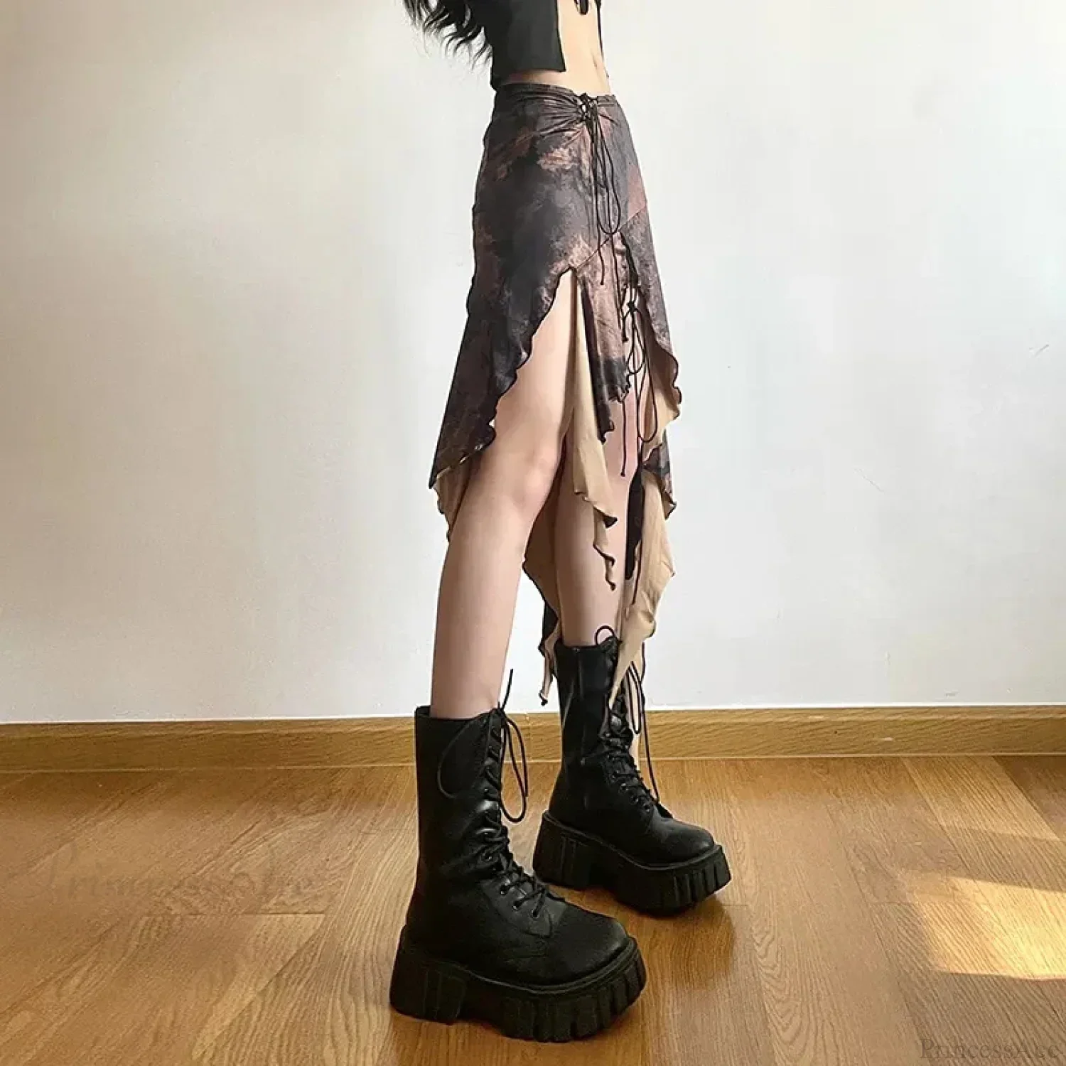 Y2K Irregular Midi Skirt Vintage Boho Ruffles Print Skirt - Image 3