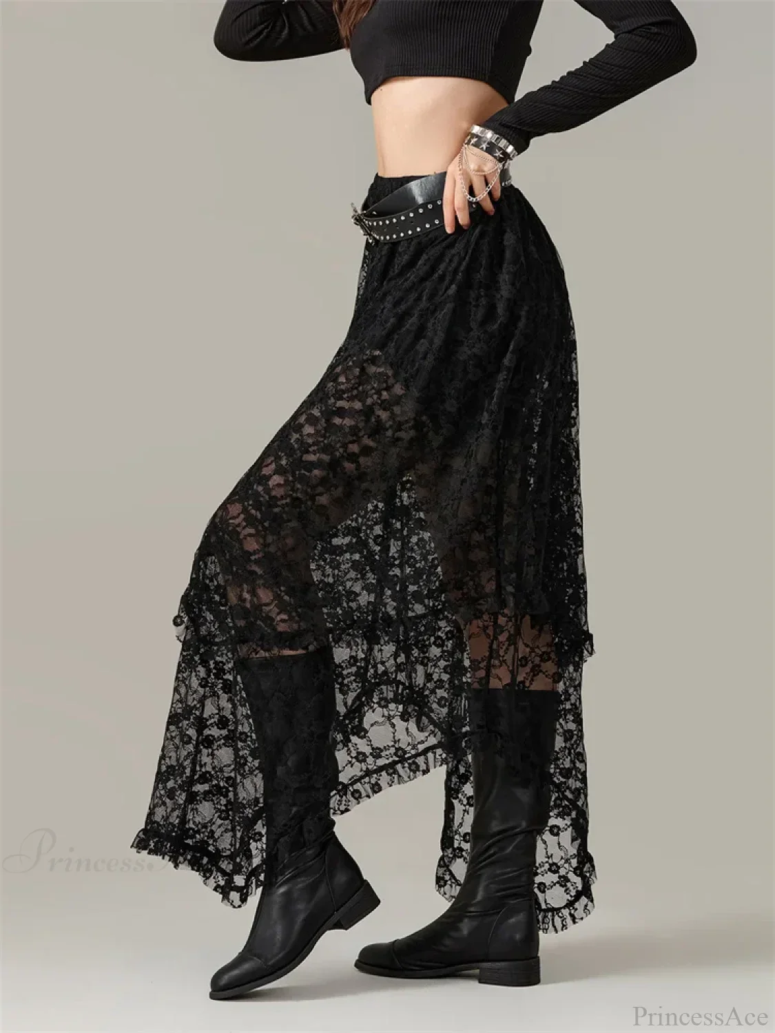 Y2K Lace Mesh See Through High Waist Asymmetrical Skirt - Image 3