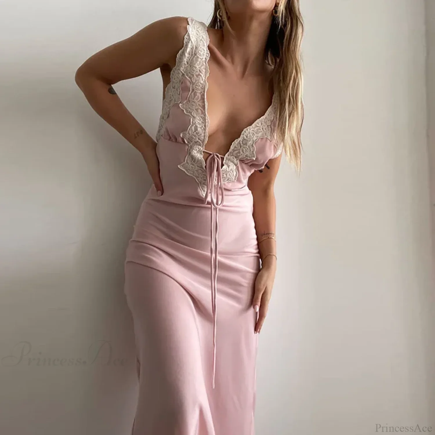 Y2K Lace Trim Long Vacation Dress