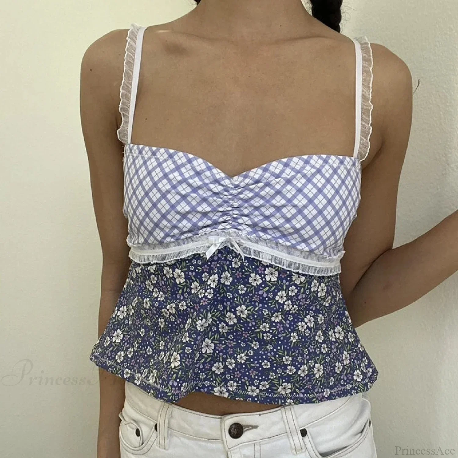 Y2K Lace Trim Plaid Floral Sleeveless Crop Top - Image 2
