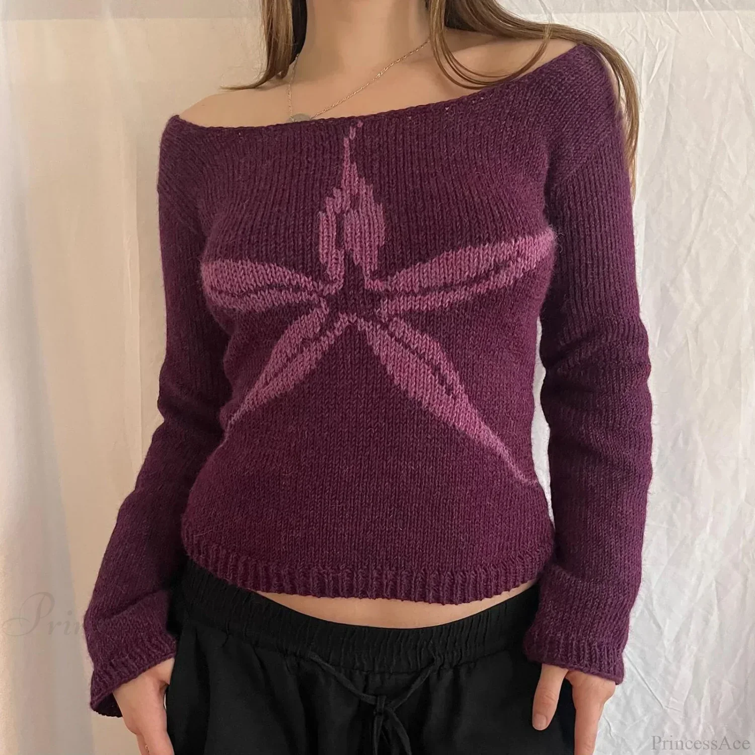 Y2K Off Shoulder Bow Graphic Pullover Knit Top - Image 2