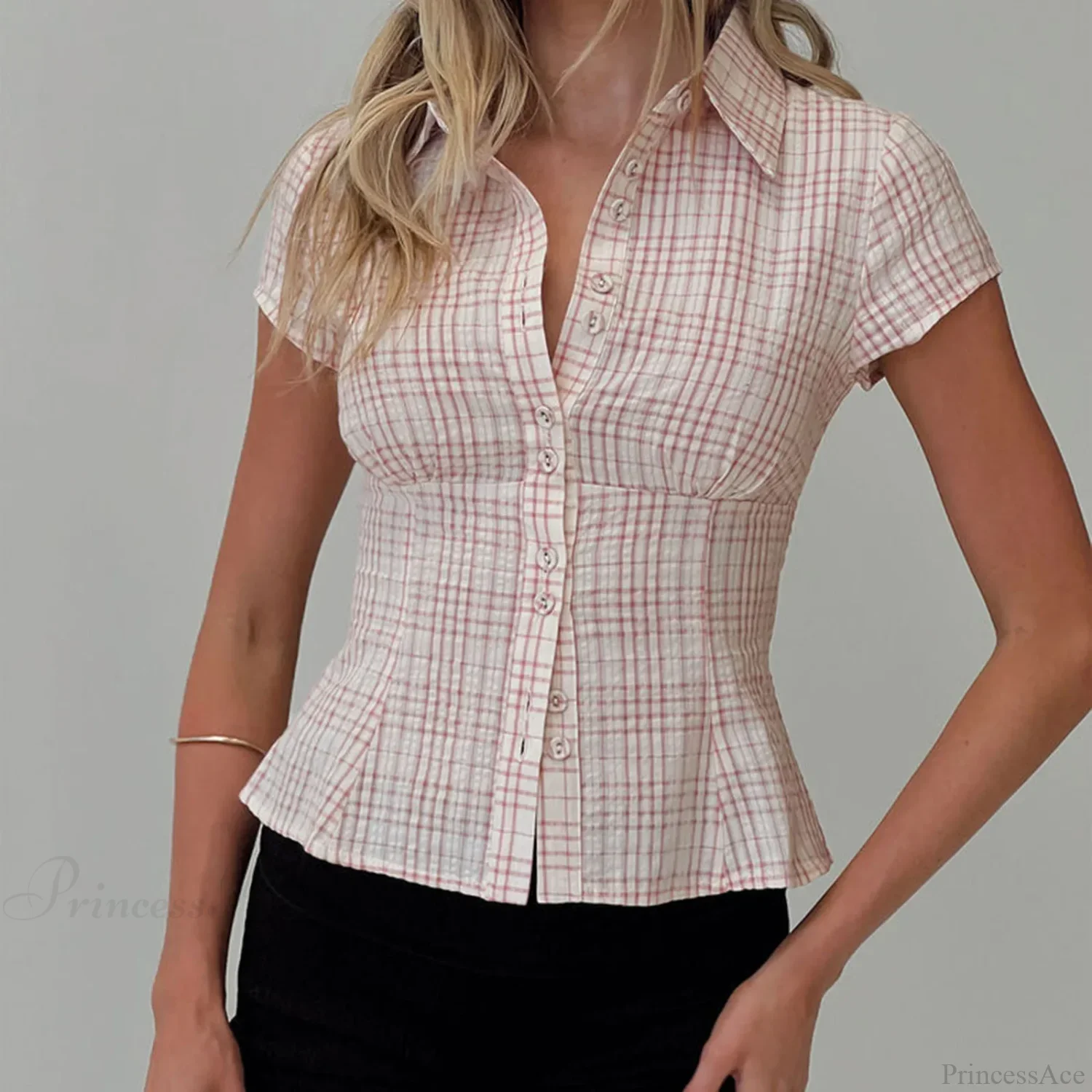 Y2K Plaid Button Down Short Sleeve Blouse - Image 4
