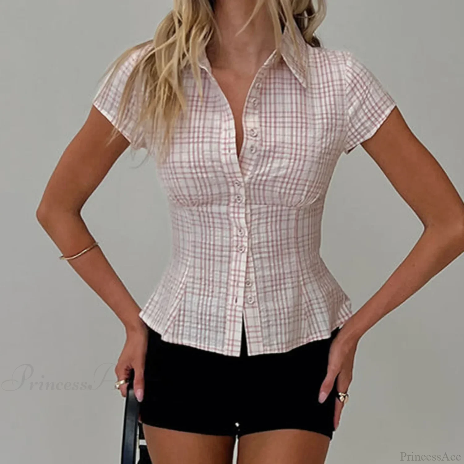 Y2K Plaid Button Down Short Sleeve Blouse - Image 5